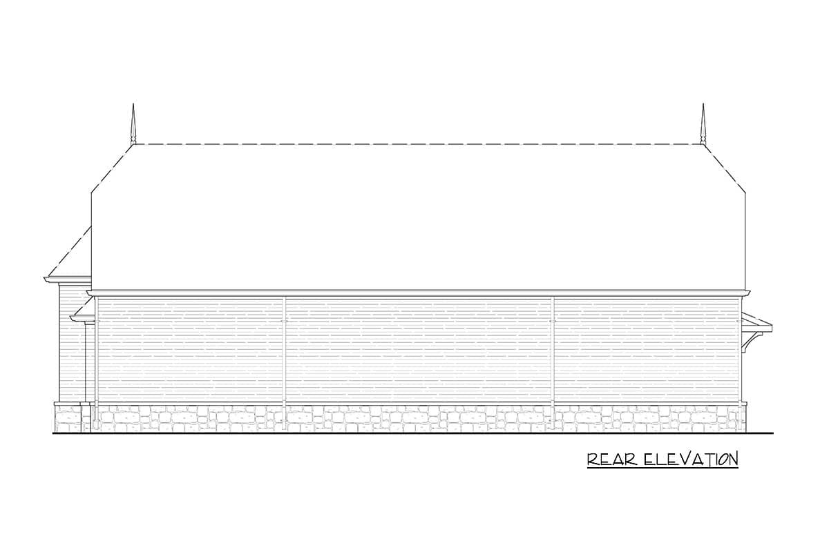 Rear elevation house plan with a gambrel roof, horizontal siding, and stone foundation.