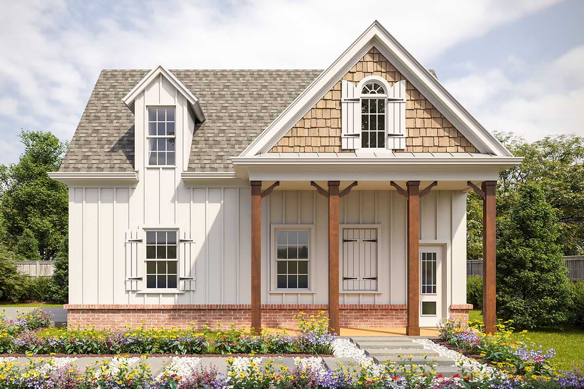 House plan exterior featuring a two-story farmhouse style with a front porch, gables, and dormers. The exterior has wood siding and a brick base.