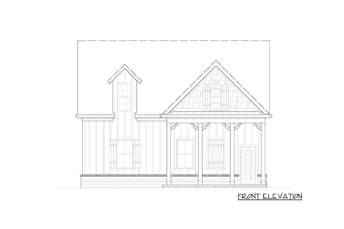 Front elevation of a house plan with a covered porch, gables, dormers, and board and batten siding.