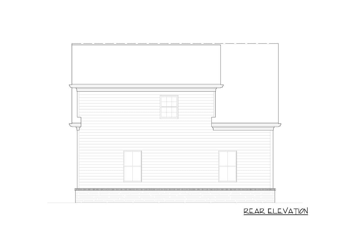 Rear elevation drawing of a two-story house with horizontal siding, layered rooflines, and three windows.