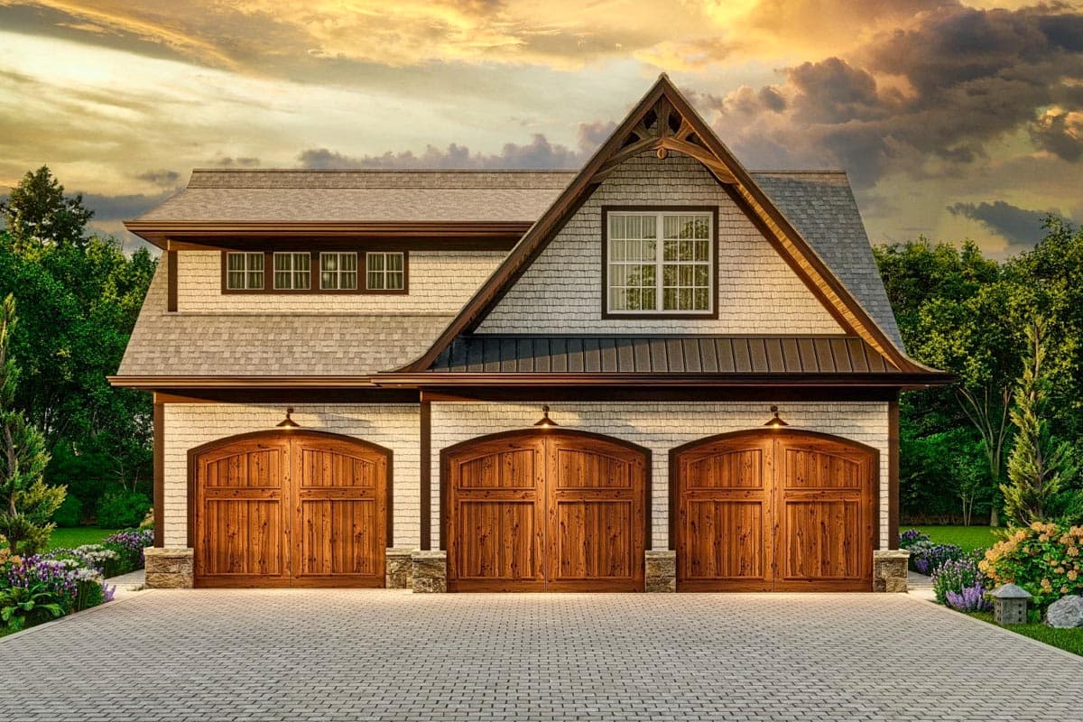 House plan exterior: Two-story structure with a steeply pitched gable, three arched wooden garage doors, and clipped gable dormers.