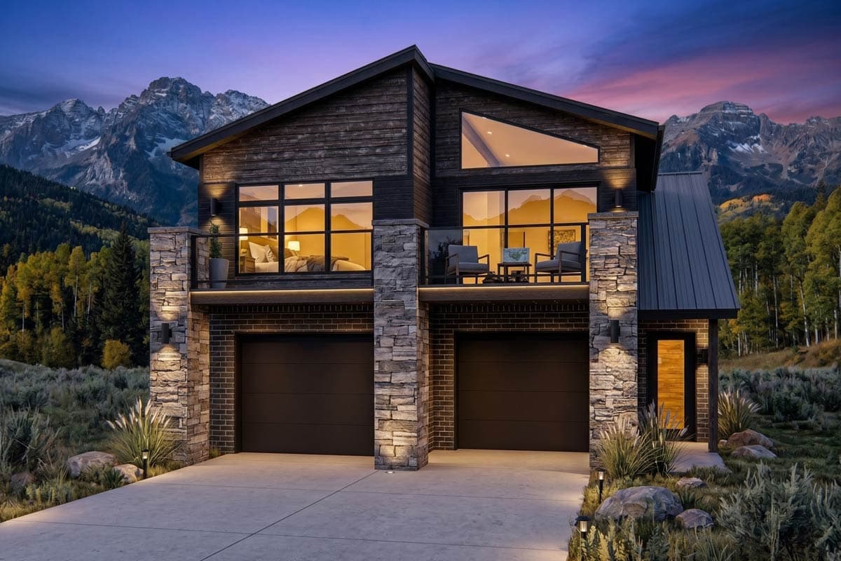 Modern two-story house plan exterior with wood and stone facade, multiple gables, and dual garage doors.