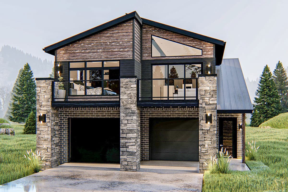 Modern two-story house plan exterior with wood and stone facade, multiple gables, and dual garage doors.