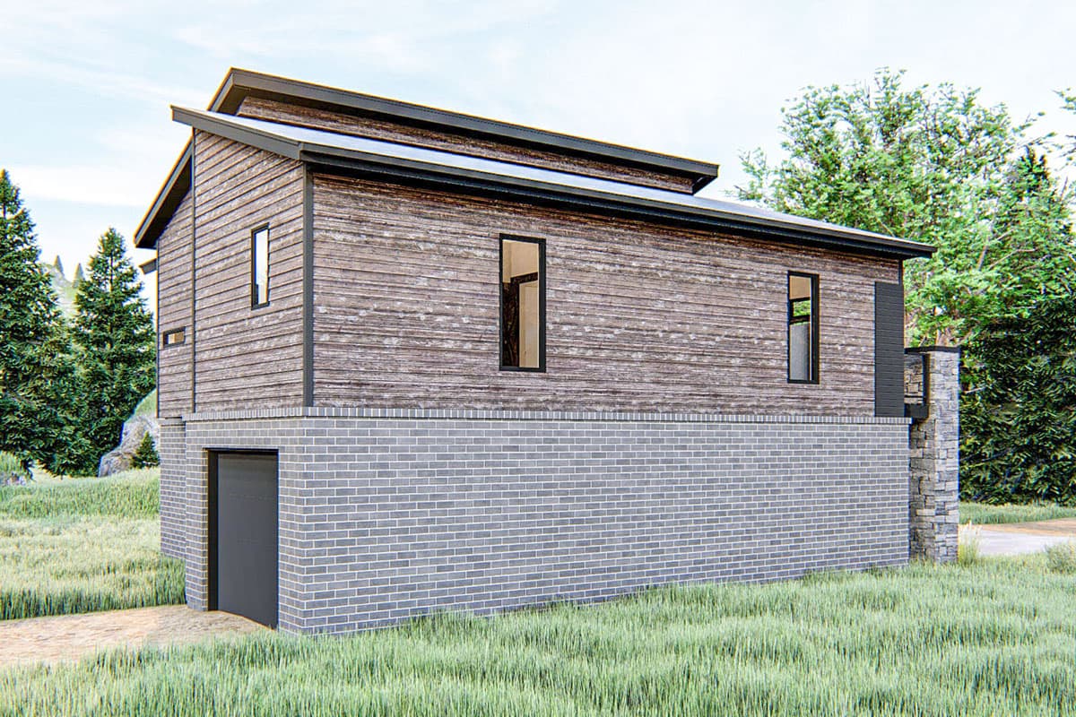 Modern house plan exterior with wood siding, brick foundation, sloped roof, and a single garage door.