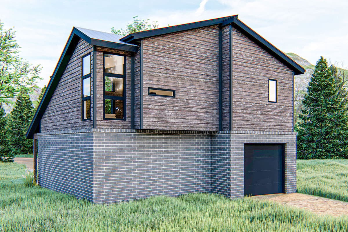 Modern house plan exterior with wood siding, brick foundation, multiple gables, and a side-entry garage.
