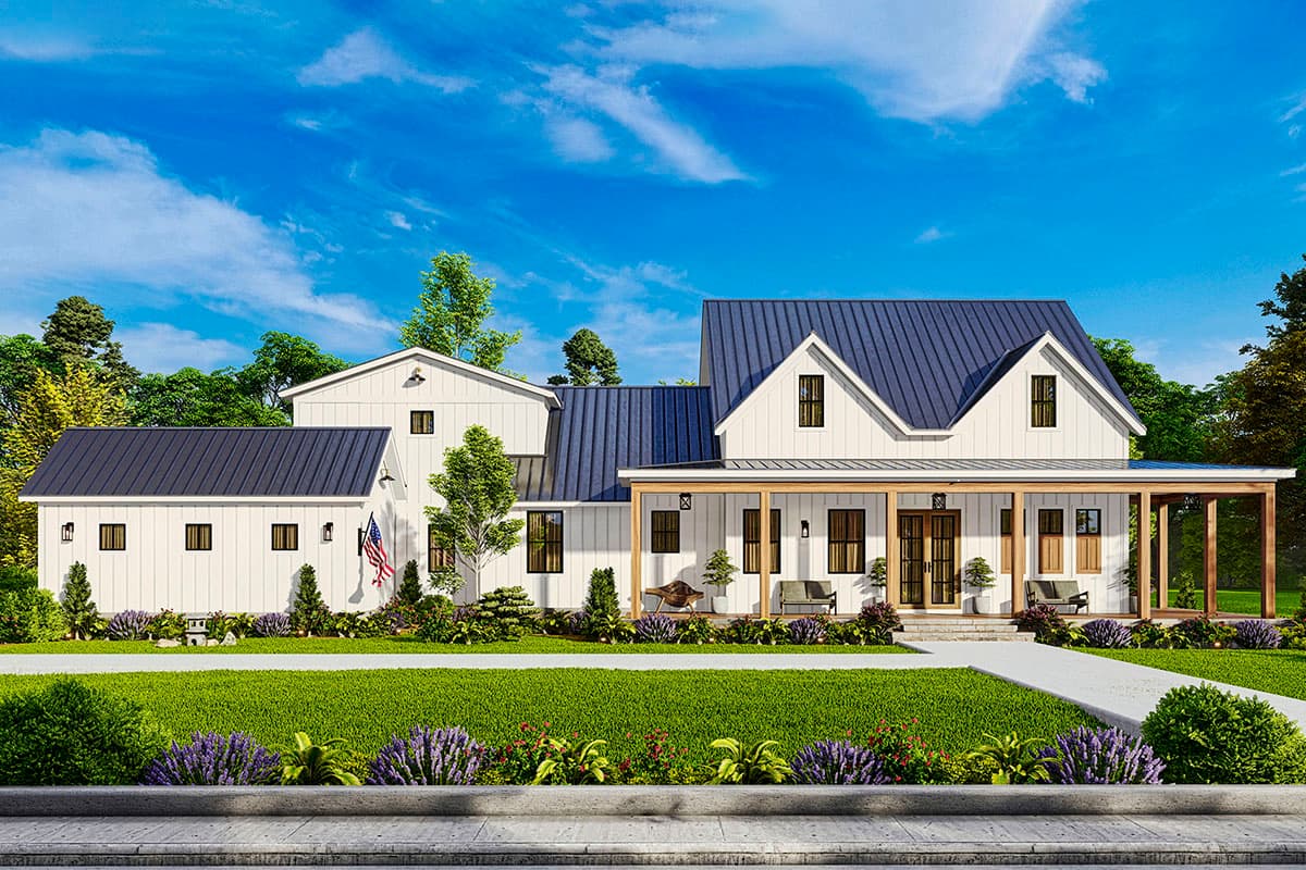 House plan exterior: Modern Farmhouse style, two stories, white siding, dark metal roof, large covered front porch with timber posts.