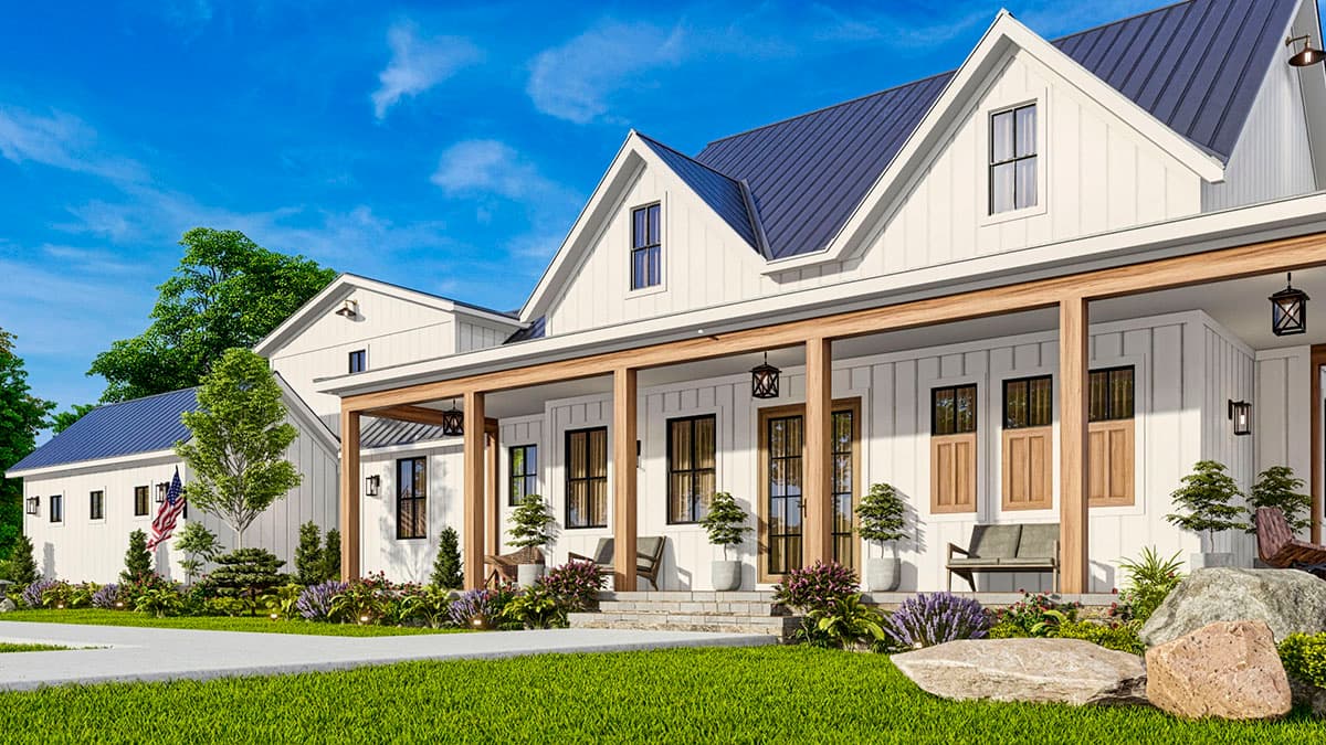 Modern Farmhouse house plan exterior with a deep covered porch, gables, and a white board and batten facade.