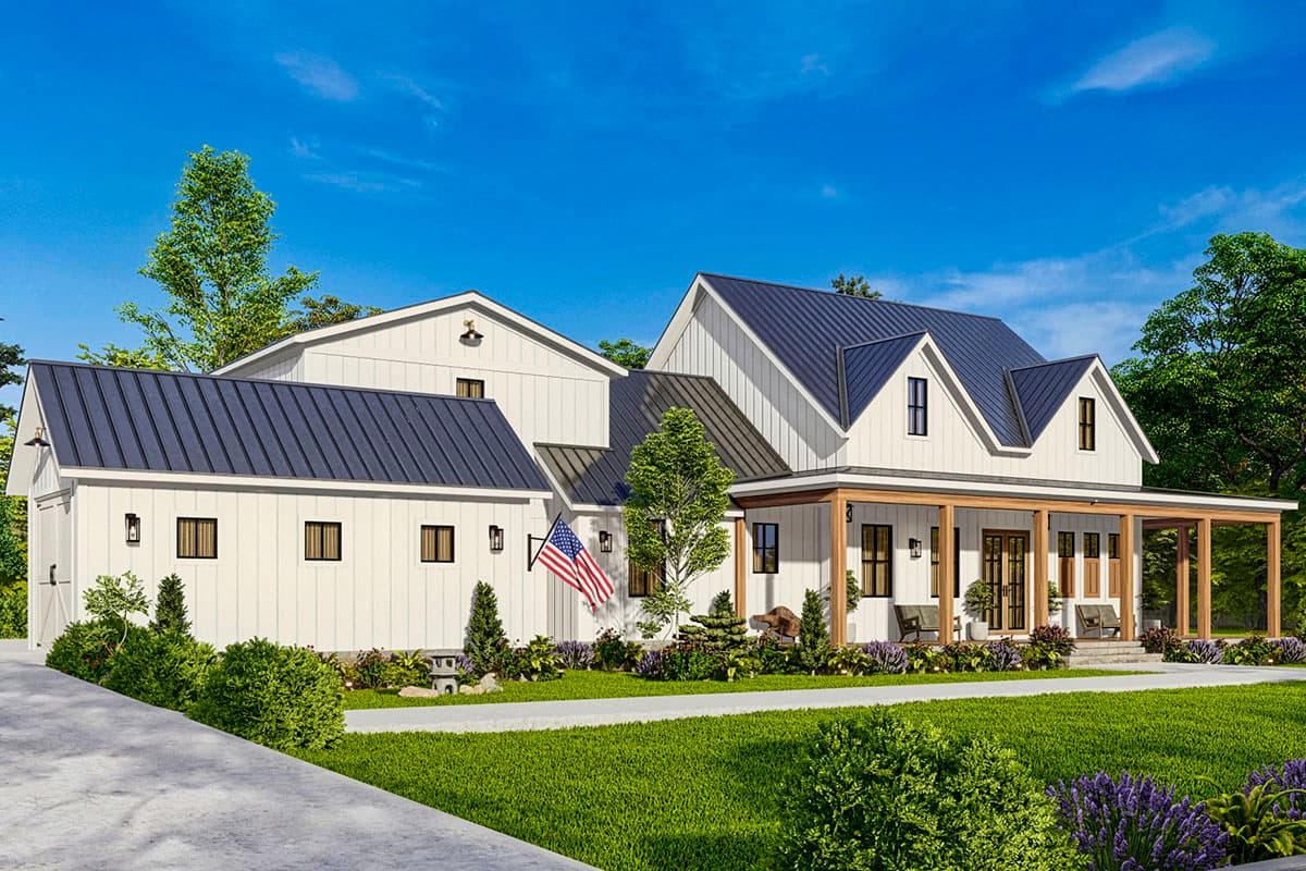 Modern Farmhouse house plan exterior with a wraparound porch, metal roof, and multiple gables.