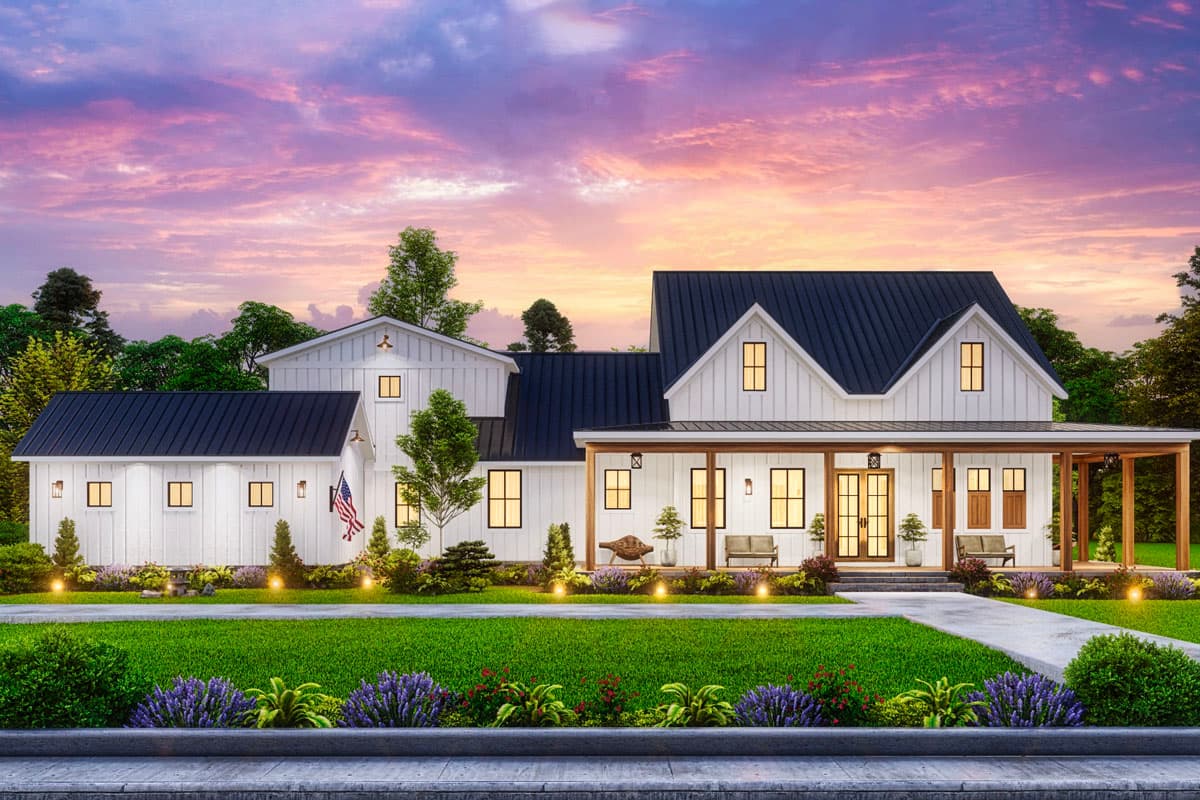 House plan exterior. Two-story Modern Farmhouse with a gabled roof, dormers, and a covered porch. Features include board and batten siding.