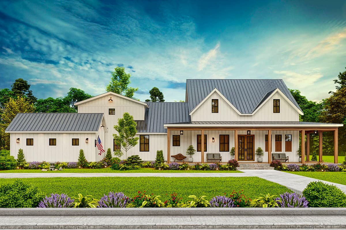 Modern farmhouse house plan exterior with a wraparound porch, multiple gables, and metal roof.