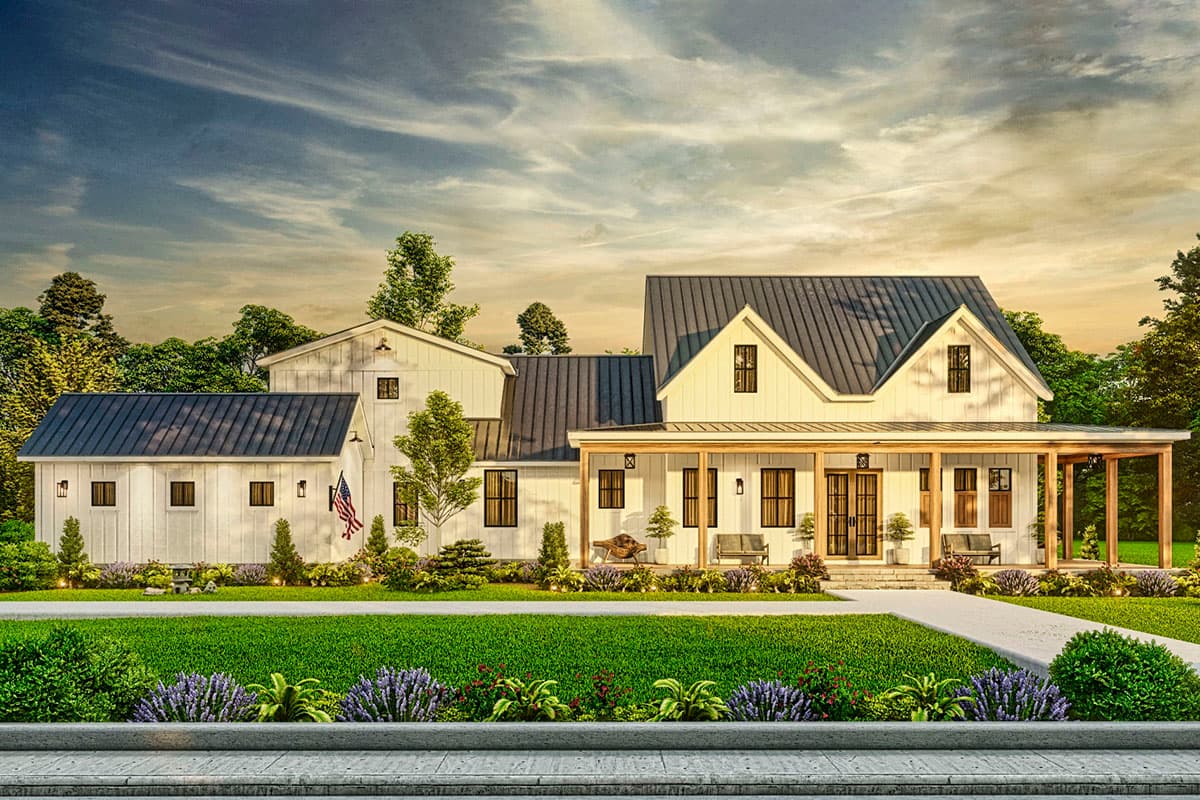 Modern Farmhouse house plan exterior with gable rooflines, a deep covered porch, and attached garage.
