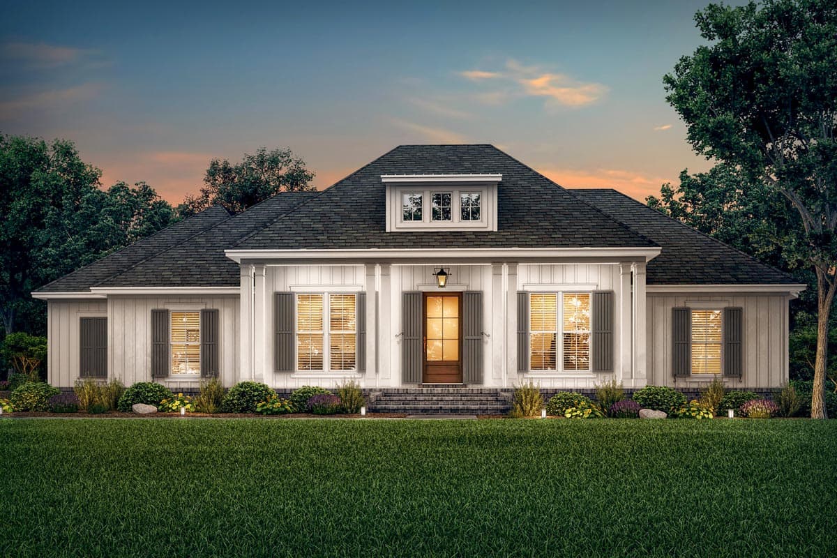 House plan exterior: single-story Modern Farmhouse with a prominent gable, dormer, and covered entry porch.