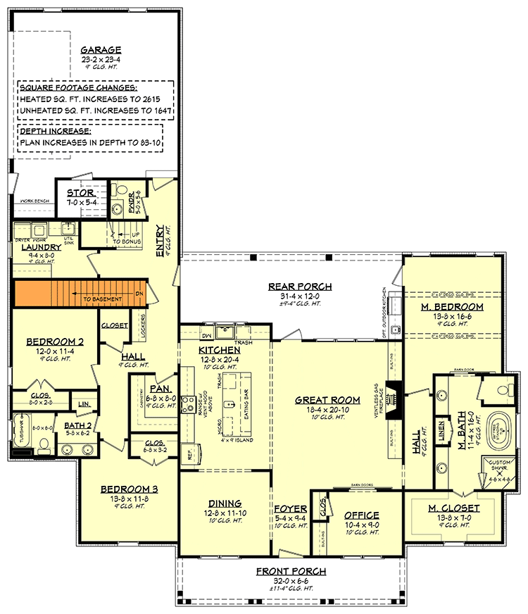 Plan 51825HZ: 3-Bed New American House Plan with Bonus Room with Full Bath - Floor Plan - Basement Stairs Location - Country, Craftsman, Farmhouse, New American, Southern, Traditional