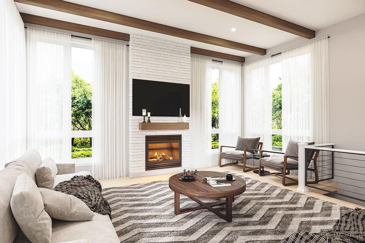 Interior rendering of a living room with a white brick fireplace, large windows, wooden beams on the ceiling, and modern furniture.