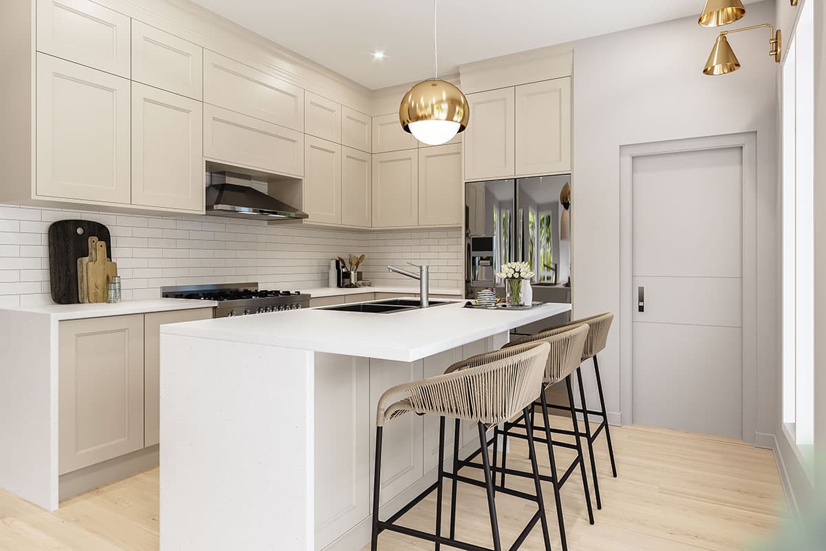 Kitchen rendering with white subway tile backsplash, shaker cabinets, and a white quartz island with seating.