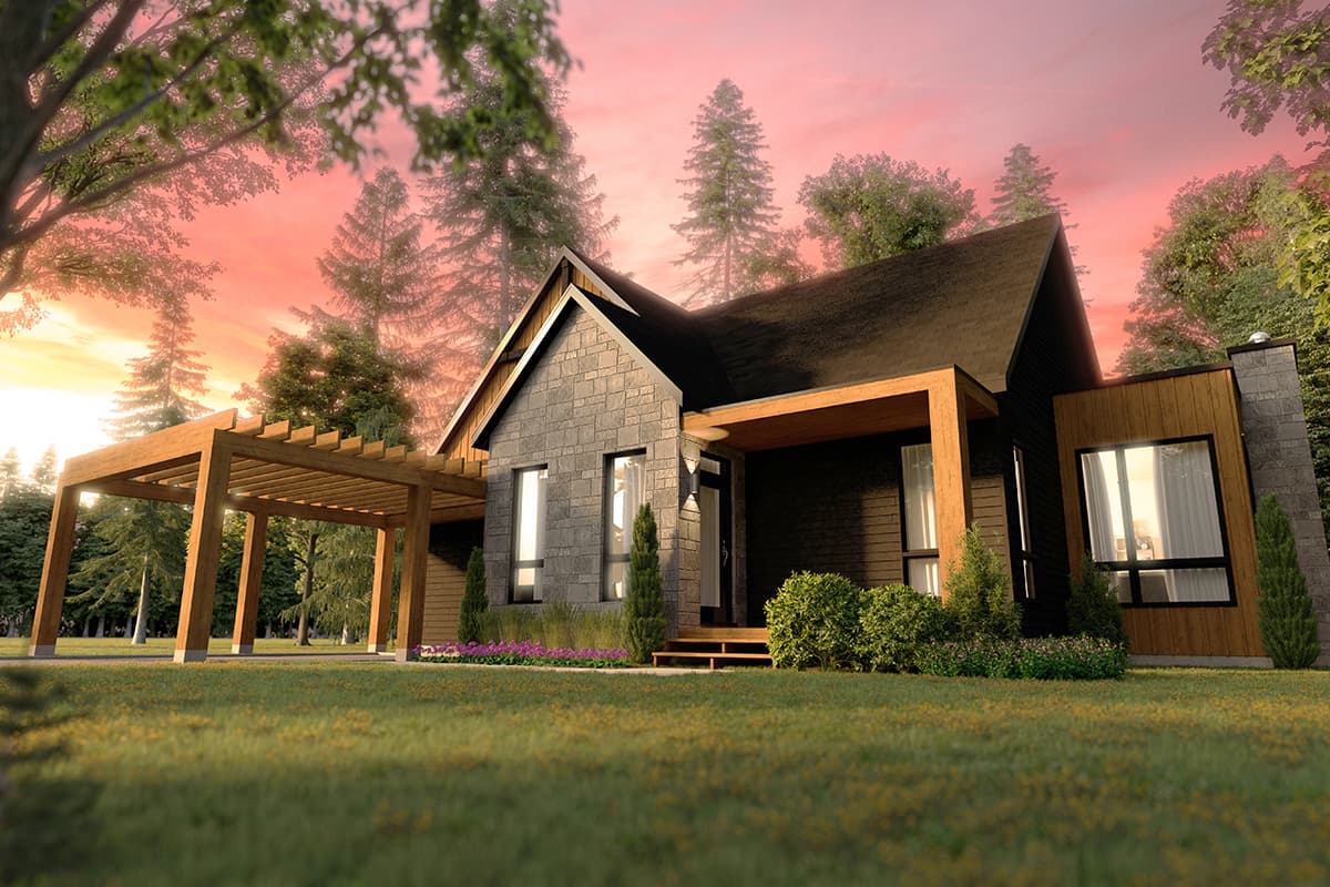 House plan exterior with modern design. Features include a gabled roof, wooden pergola, and stone chimney. Single story with mixed siding materials.