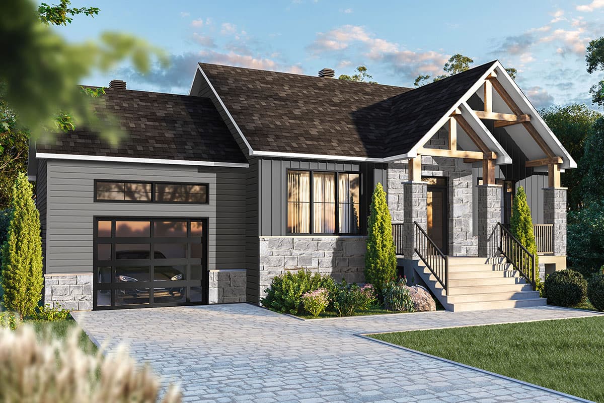 House plan exterior with stone veneer, gabled roof, and a covered porch. Features include a two-car garage and dark siding.