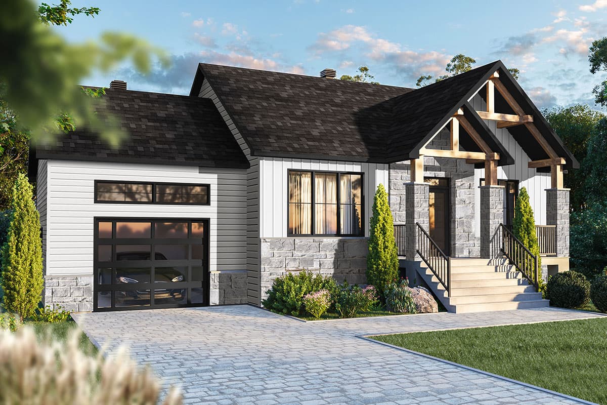 Modern Farmhouse house plan exterior with stone and white siding, pitched gable roof, and glass garage door.