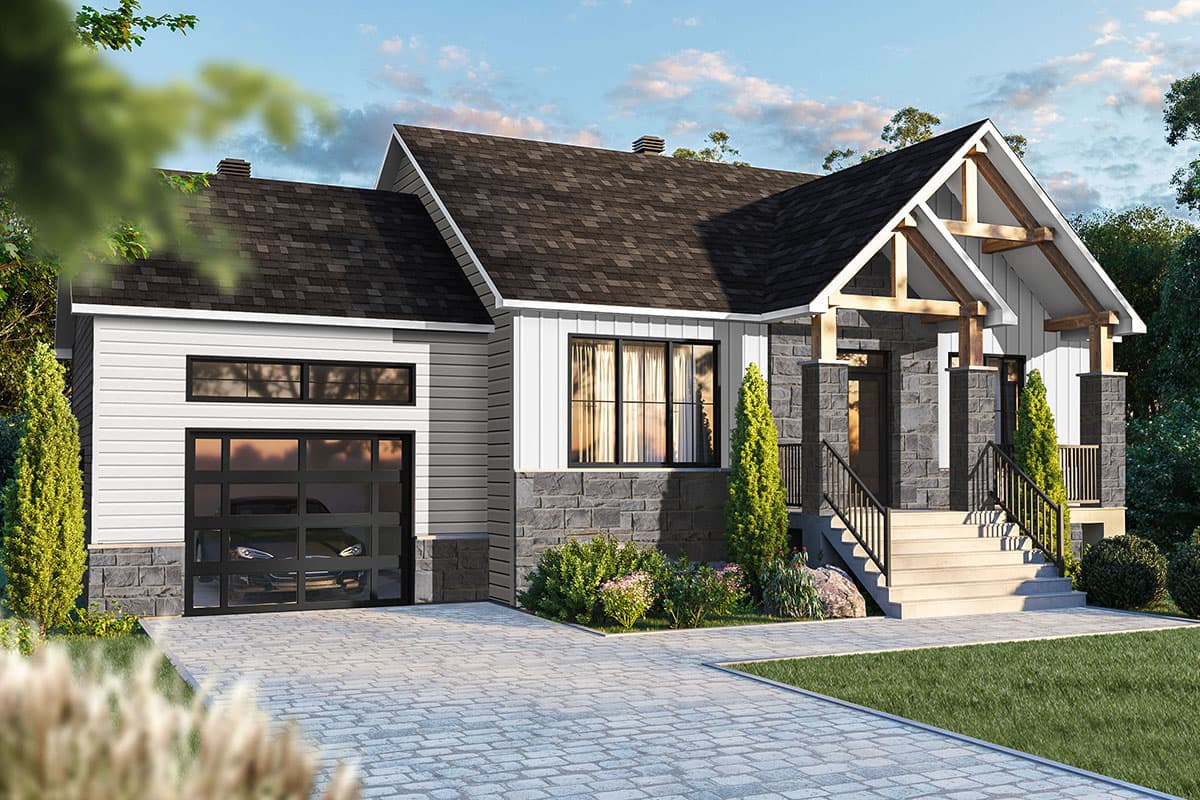 House plan exterior: Modern design with stone and vinyl siding, prominent gable with exposed beams, and a glass garage door.