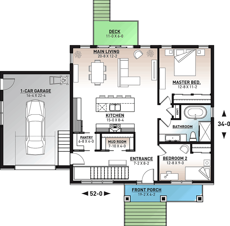 Plan 22566DR: 2-Bed Modern Rugged House Plan with Attached Garage - Floor Plan - Main Level - Mountain, New American, Northwest