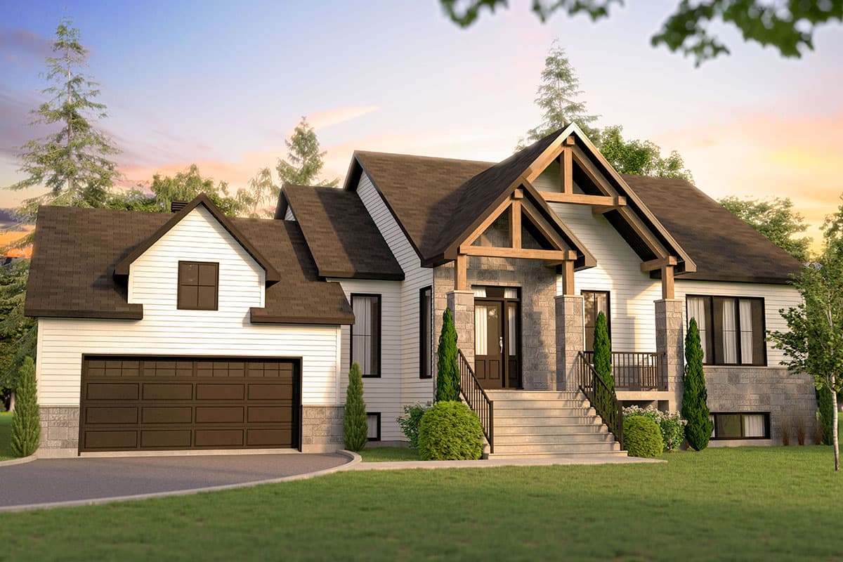 House plan exterior. Two-story home with a gabled roof, stone accents on the front porch, and a garage with a dark brown door.