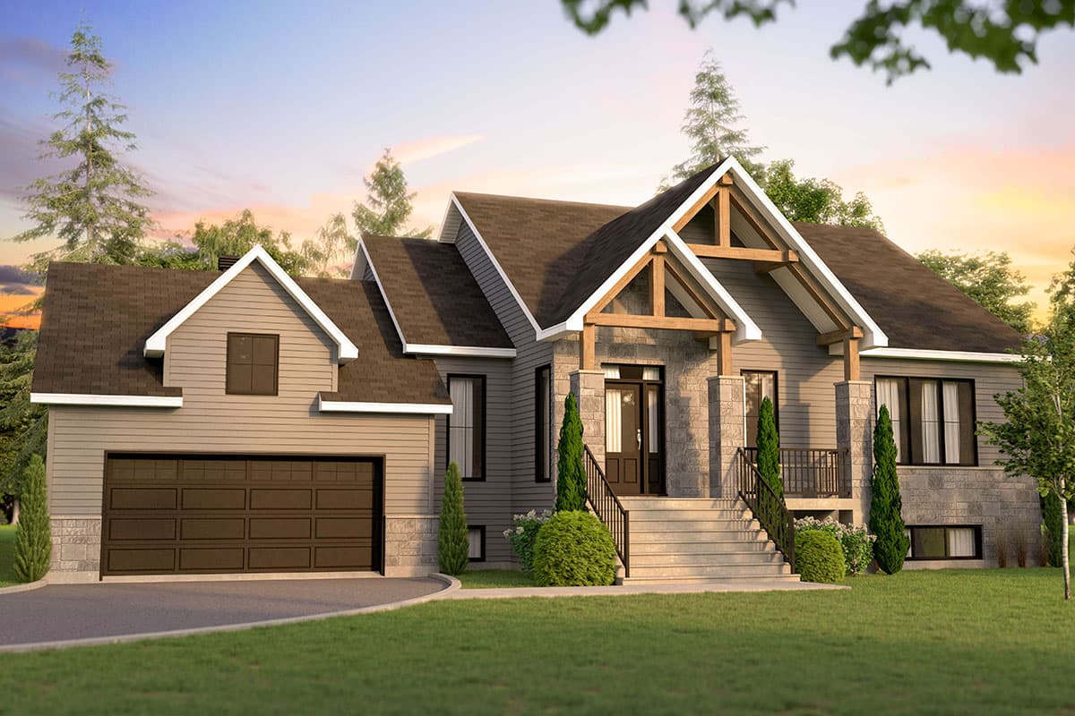 House plan exterior showing a Modern Farmhouse style, 1.5-story home with a prominent gable, stone accents, and a two-car front-facing garage.