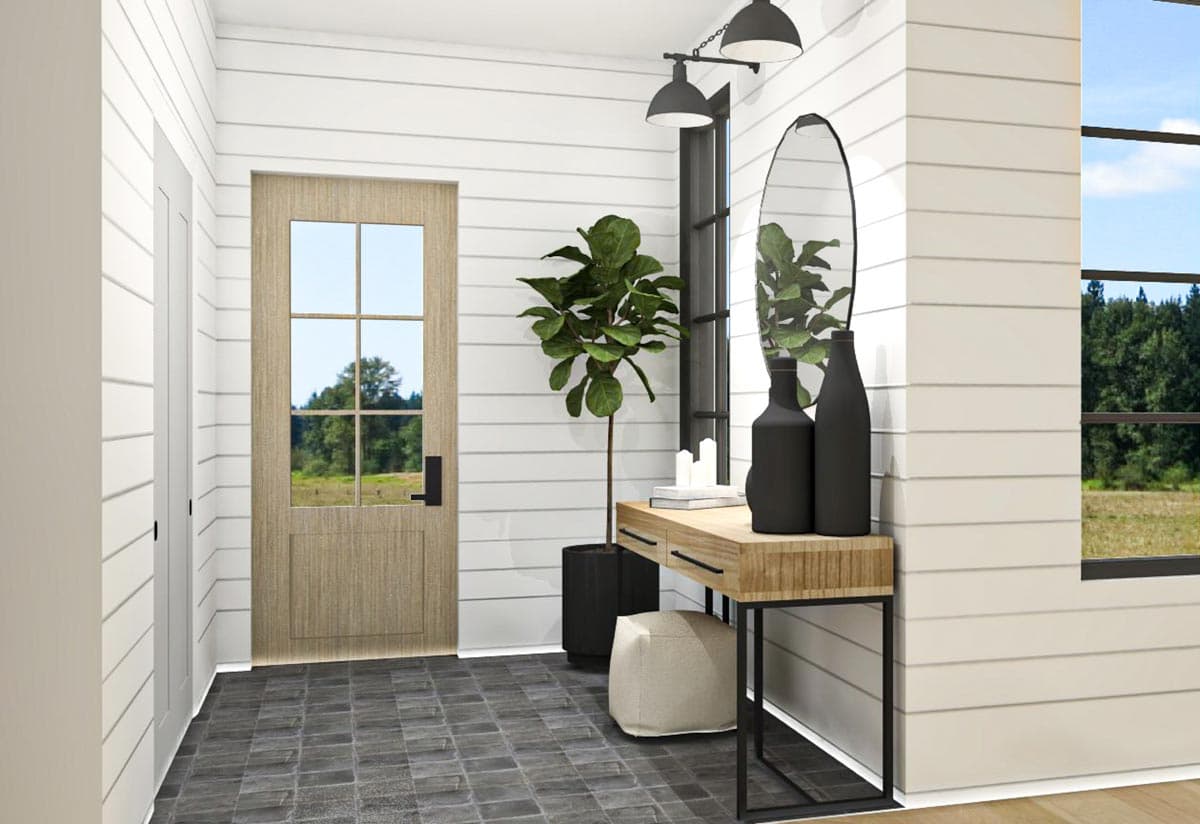 Interior rendering of a foyer with shiplap walls, a glass-paneled wooden door, and a console table.