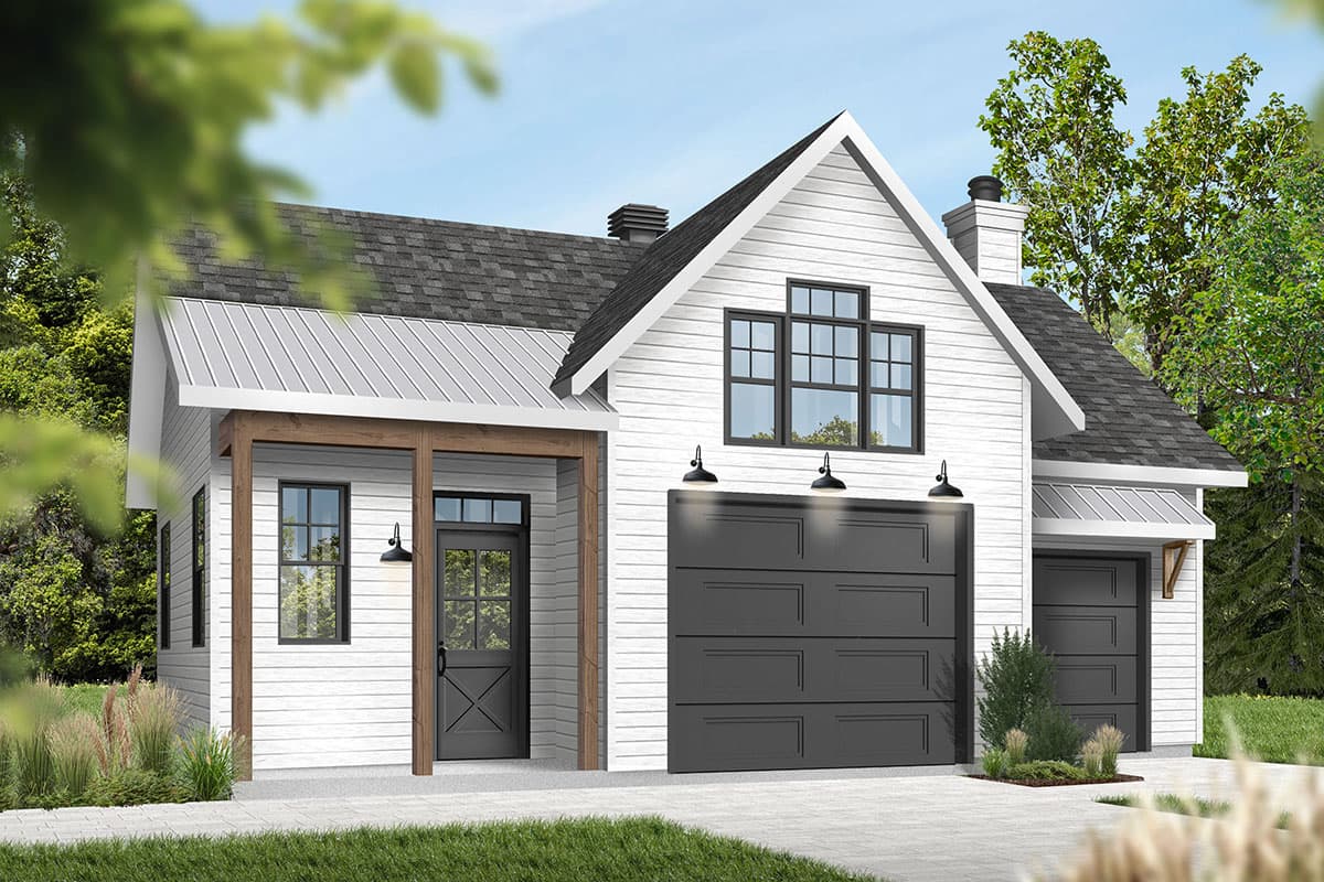 House plan exterior. Modern Farmhouse style with a gabled roof, a porch, and a two-car garage. Features include board and batten siding.