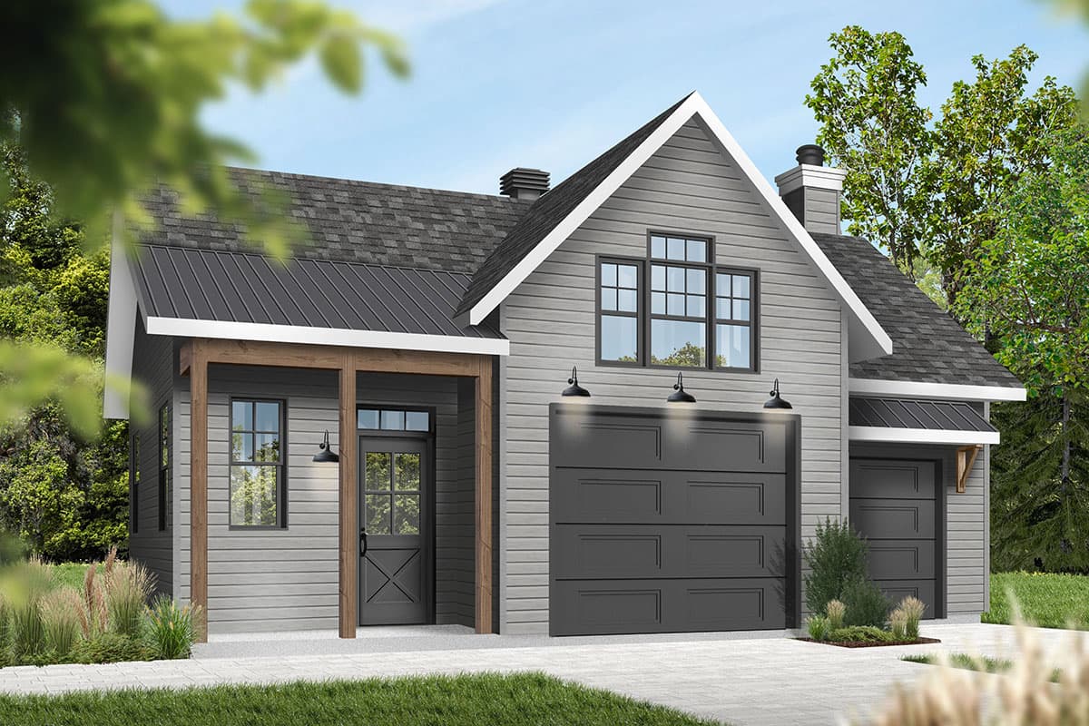 Modern Farmhouse house plan exterior with a gable roof, covered porch, and a double garage.