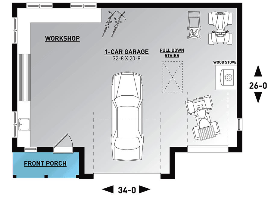Plan 22568DR: Detached 1-Car Garage with Bonus Room - Floor Plan - Main Level - Carriage