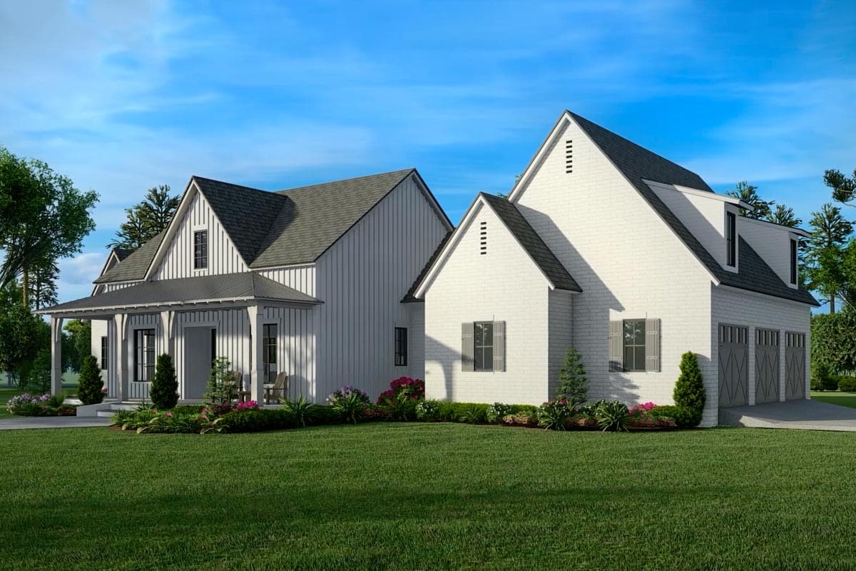 Modern Farmhouse house plan exterior with wrap-around porch, board and batten siding, brick accents, and three-car garage.