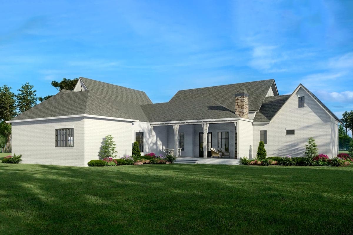 House plan exterior, modern farmhouse style, one story with covered porch, gables, and stone chimney.