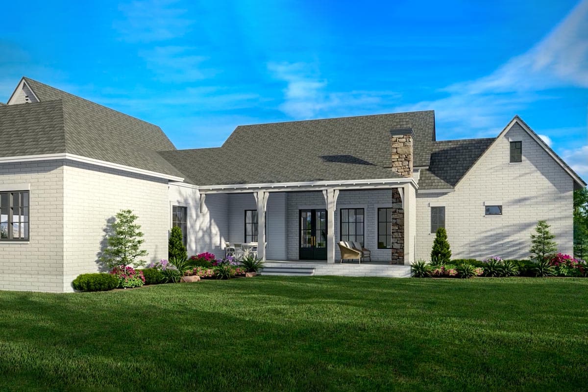 House plan exterior, one-story Modern Farmhouse with covered porch, stone chimney, gables, and brick exterior.