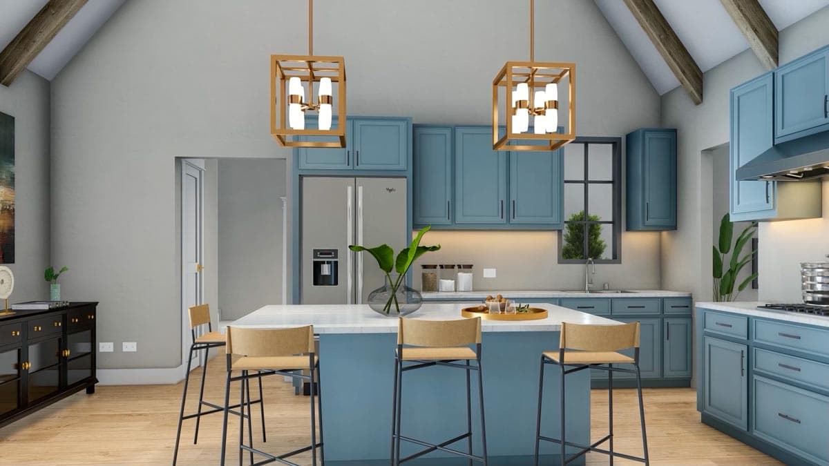 Kitchen with vaulted ceiling, exposed beams, blue cabinetry, large island with seating, and stainless steel refrigerator.