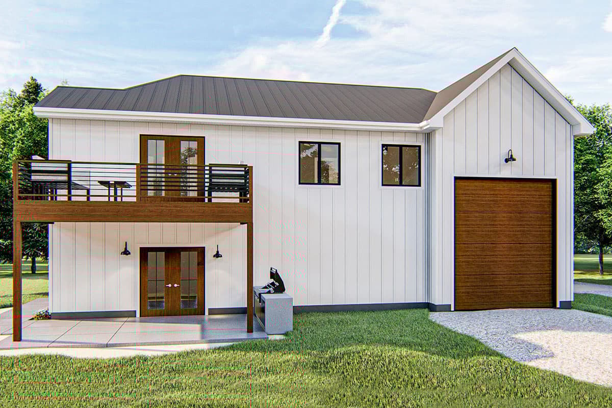 House plan exterior with a Modern Farmhouse style, two stories, a second-story deck, vertical siding, and a side-facing garage door.