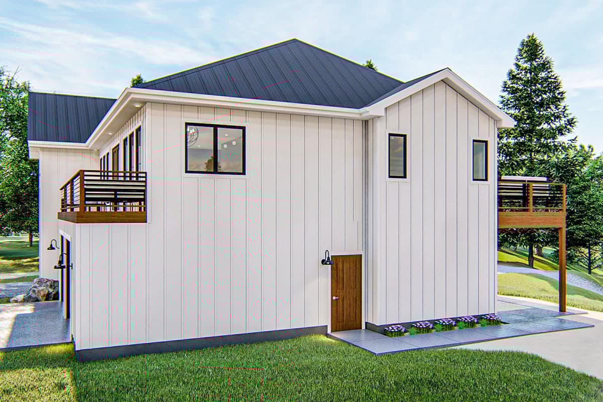 Modern house plan exterior with white board-and-batten siding, dark metal roof, and two decks. Two stories visible.