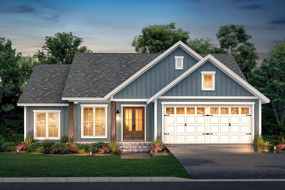 House plan exterior: Modern Farmhouse style, one story, featuring a covered entry with double doors, gable dormers, and a two-car garage.