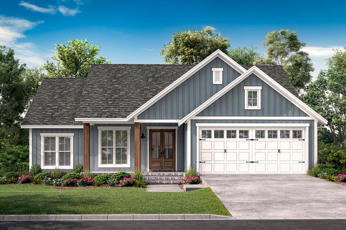 Modern Farmhouse house plan exterior with a covered front porch, gables, and a two-car garage.