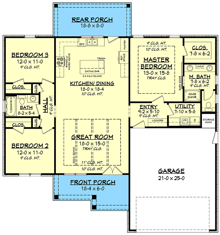 Plan 51826HZ: Modest-Sized Three-Bed Farmhouse Plan - 1521 Sq Ft - Floor Plan - Main Level - Cottage, Country, Modern Farmhouse, New American