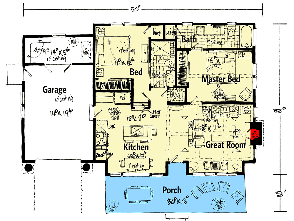 Plan 12965KN: 2-Bed Rustic Retreat with 1-Car Garage - Floor Plan - Main Level - Cabin, Cottage, Mountain, Rustic, Vacation