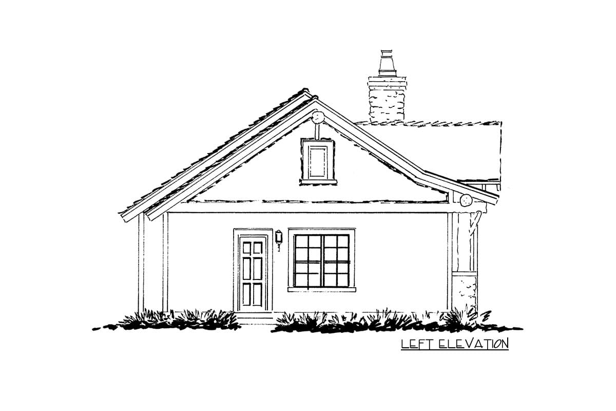 House plan left elevation shows a single-story structure with a prominent gable, dormer window, and chimney.