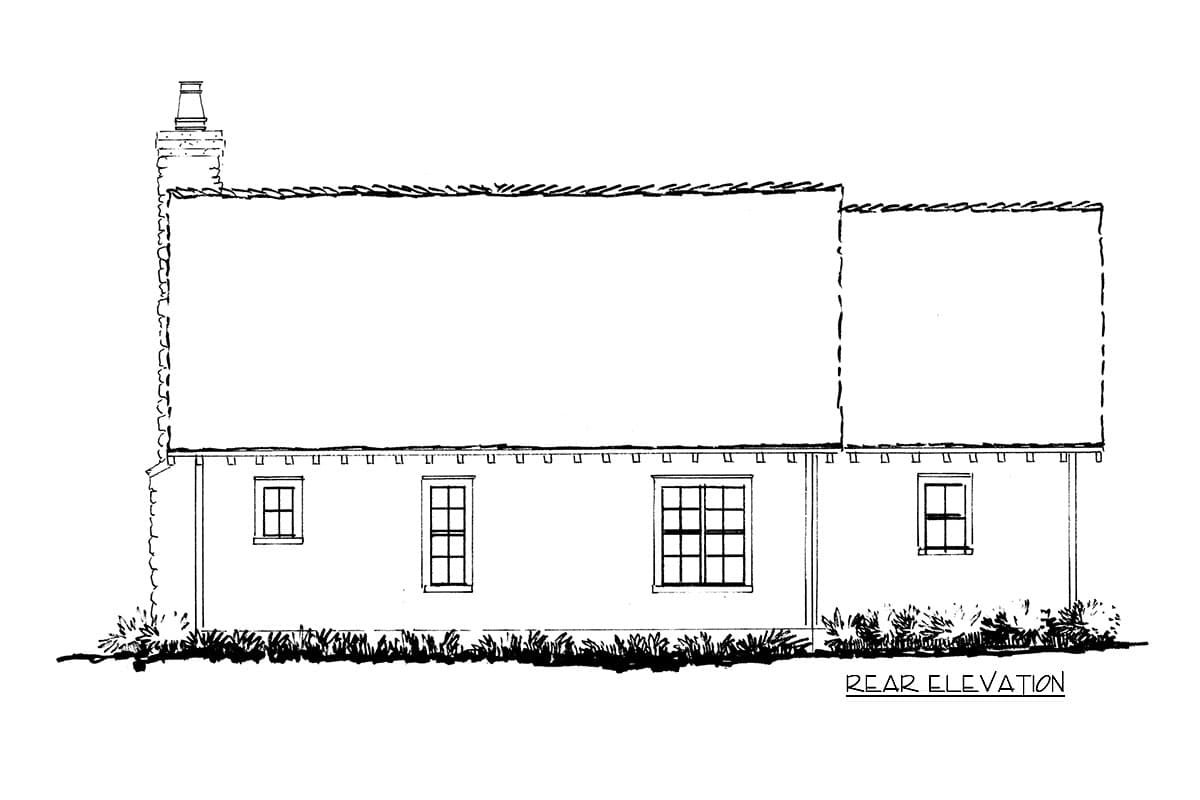 Rear elevation drawing of a house plan, showing a pitched roof, chimney, and multiple windows.