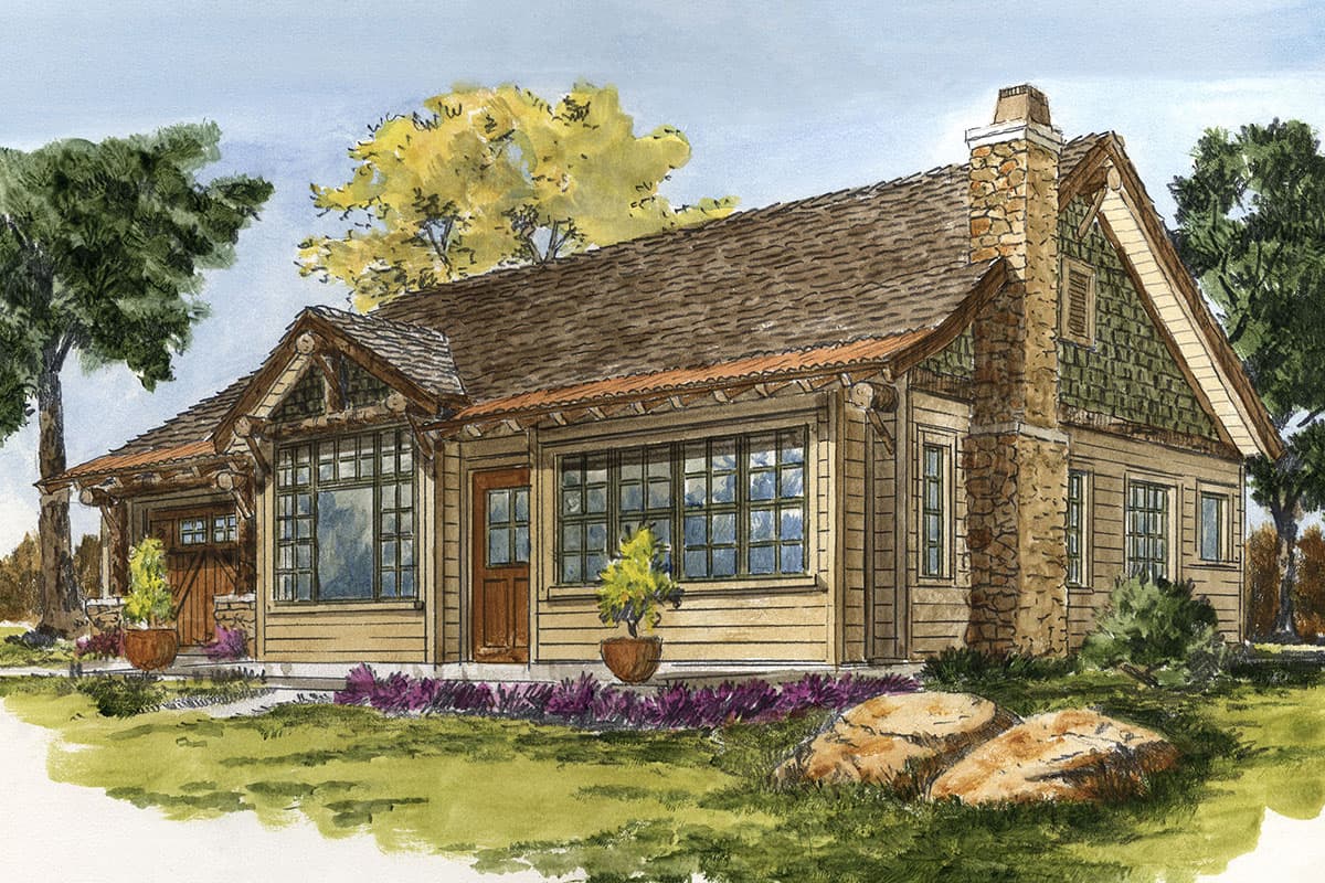 House plan exterior with Craftsman style, single story, and a stone chimney. Features include a gabled roof, exposed rafter tails, and a front porch.