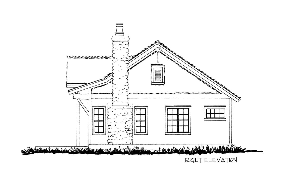 Right elevation house plan drawing showing a gabled roof, stone chimney, dormer window, and multiple sash windows.