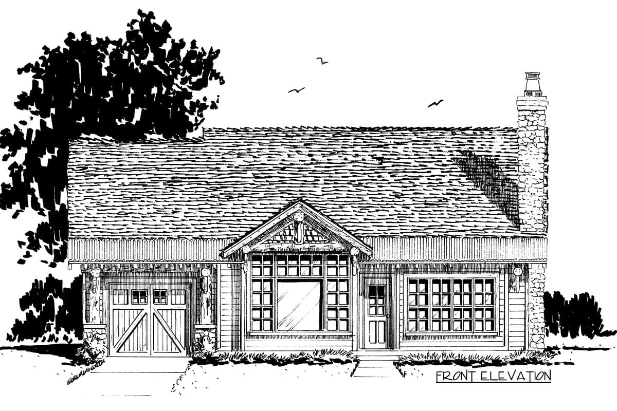 Front elevation house plan of a one-story home with a gable roof, stone chimney, and attached garage.
