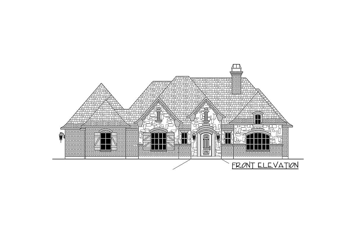 Front elevation drawing of a one-story house with stone and brick facade, multiple gables, and arched windows.