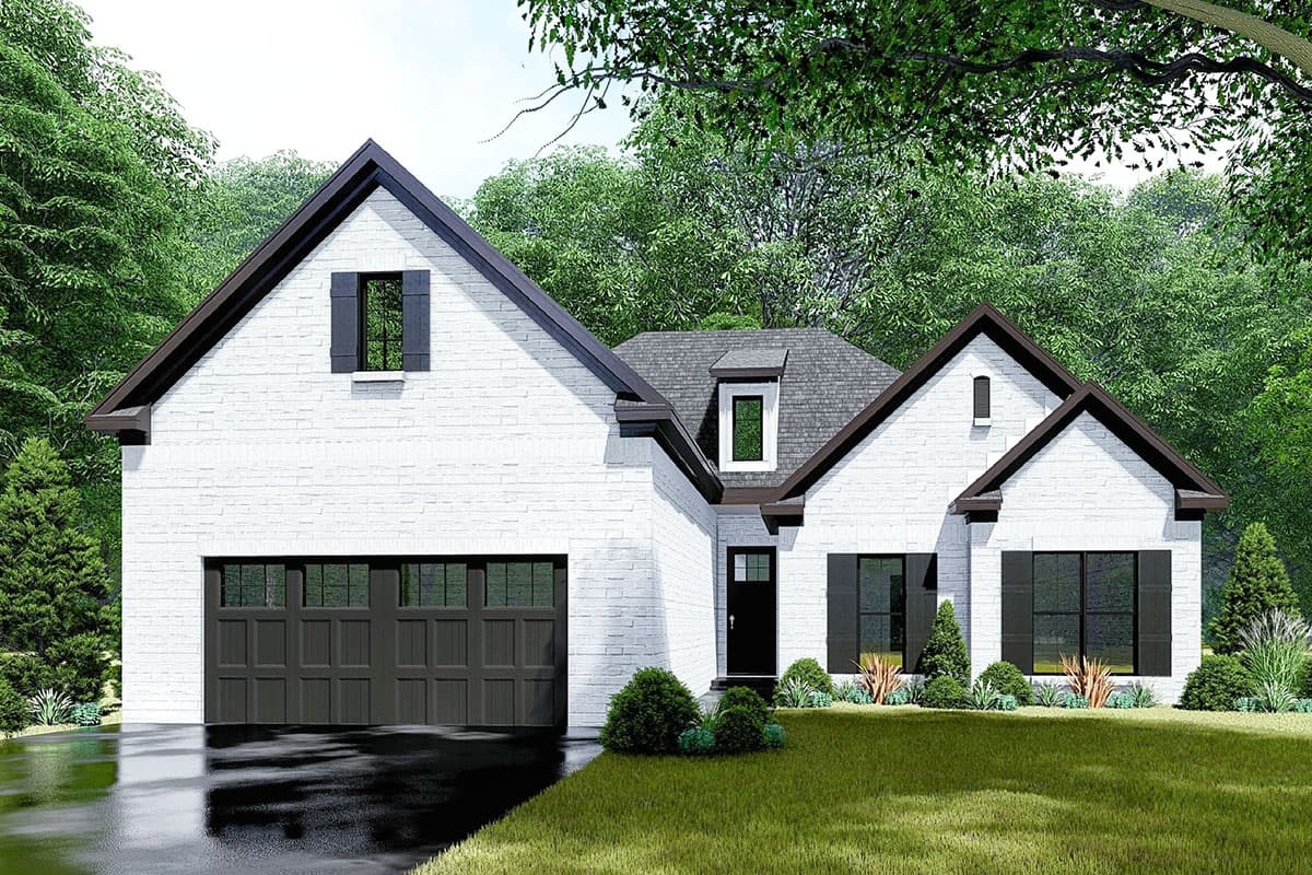 House plan exterior featuring a two-story design in a brick facade, with multiple gables, dormer window, and an attached garage.