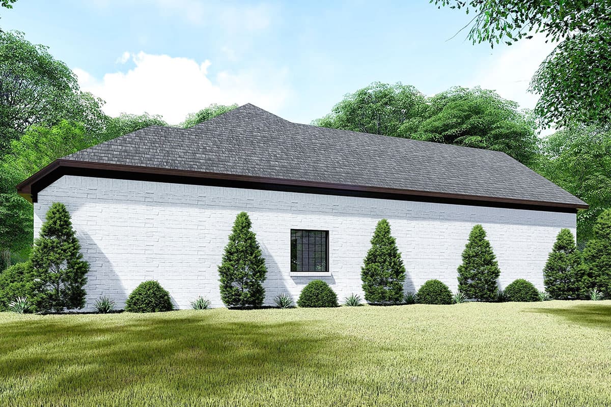 House plan exterior: One-story home with white brick, asphalt shingle roof, and a single dark-paned window.