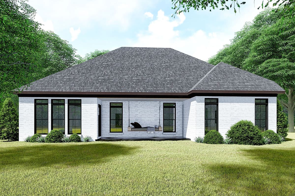 House plan exterior: Single-story modern home with white brick exterior, large windows, and hip roof.