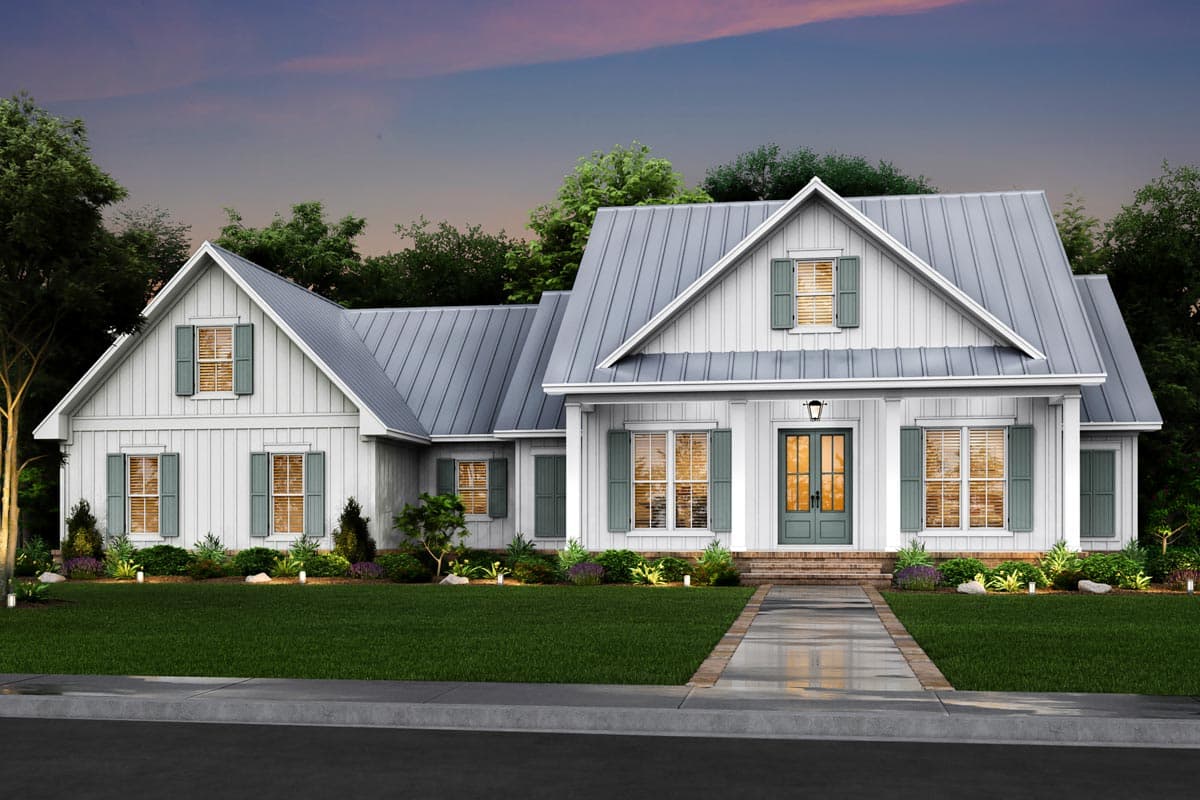 House plan exterior. A one-story farmhouse with gabled roof, porch, and board-and-batten siding. Features include multiple dormers and shutters.